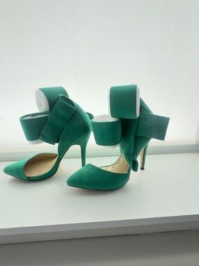 Emerald Green Suede Pointed-Toe Stiletto Heels with Sculpted BOW Ankle Detail.